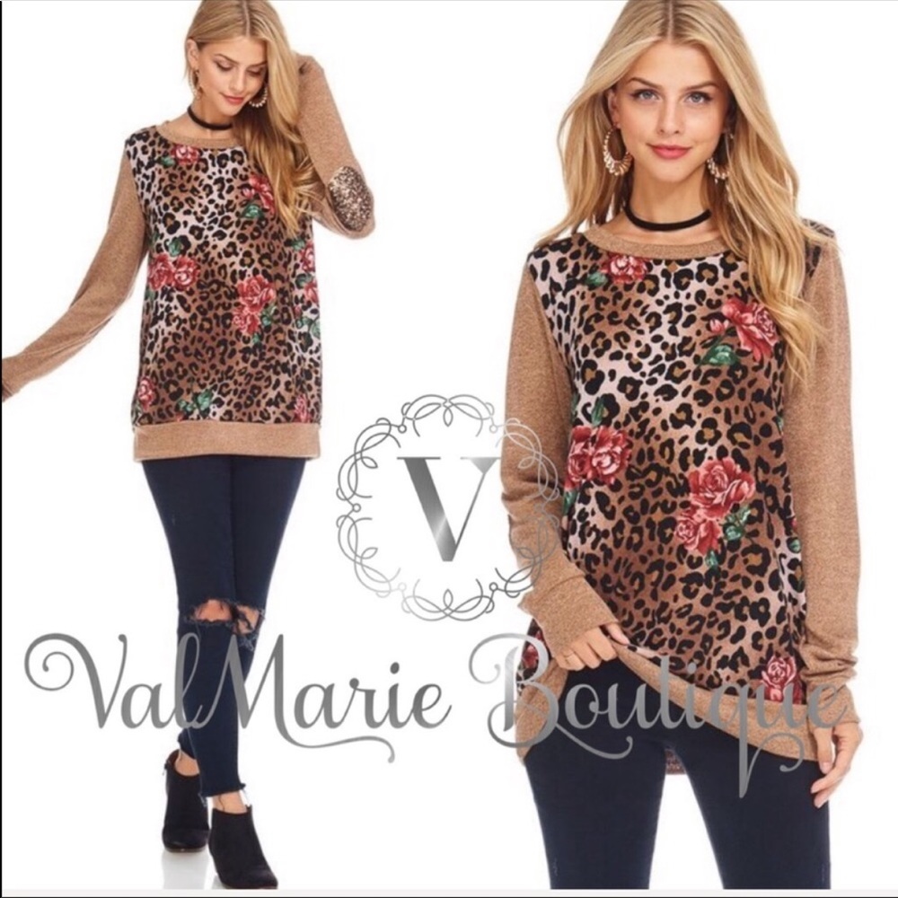 LAST 1! Leopard floral sequin elbow top - Picture 2 of 2